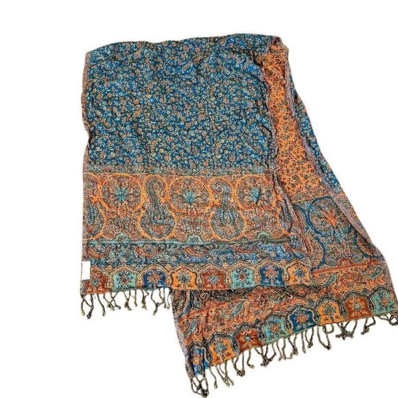 Cashmere, Silk & Viscose Blue & Beige Shawl w Fringe - Picture 3 of 7